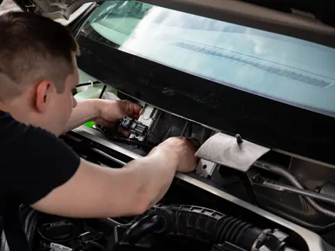 Technician fitting the wiper cowl under a clean windshield